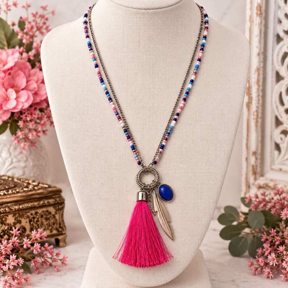 Boho Beaded Charm Necklace Gold Tone Chain Seed Beads Tassel Blue Cabochon 36"